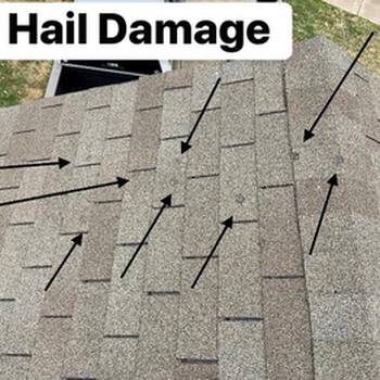 Picture of roof shingles with arrows pointing to hail damage