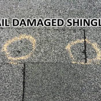 Circled damage on roofing tiles that was done by a hailstorm